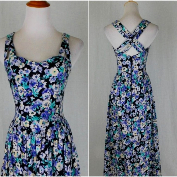 Vintage Laura Ashley Cross Back Dress Blue Pansy Print Cotton Made in Ireland